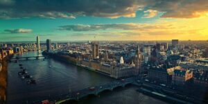 landscape view of the River Thames and the city of London at sunset