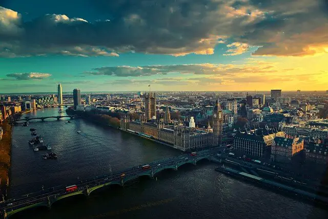 landscape view of the River Thames and the city of London at sunset