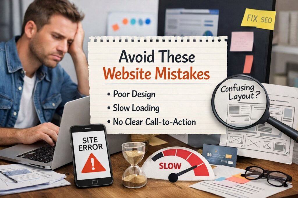 a man in an office on a laptop thinking about website mistakes