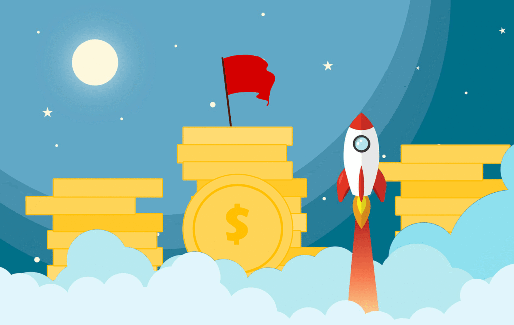 rocket launching into space with coins